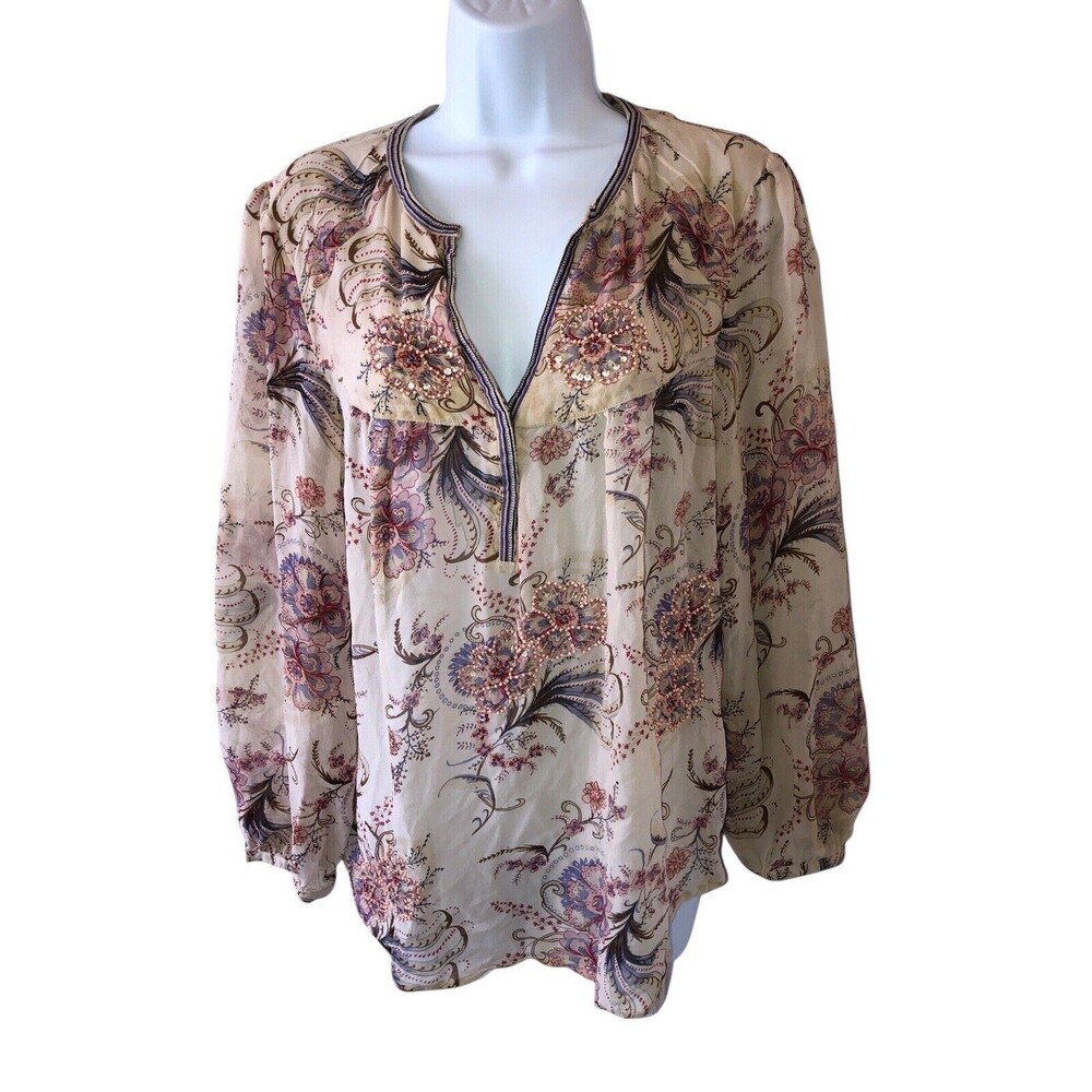 Sundance Top Womens Large Blouse 100% Silk Floral Beaded Boho Paisley Sheer